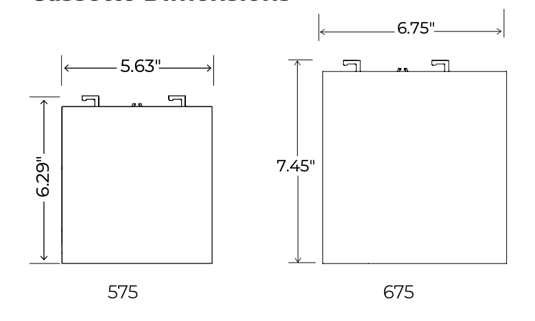 KAOS Cassette Size Dimensions - 575 and 675