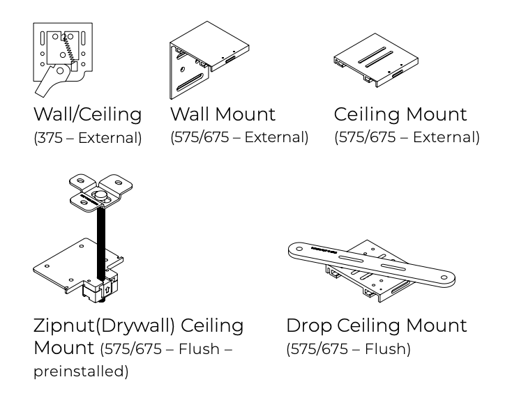 Solo 3 Bracket Options - Wall Mount, Ceiling Mount, Wall/Ceiling, Zipnut, Drop Ceiling
