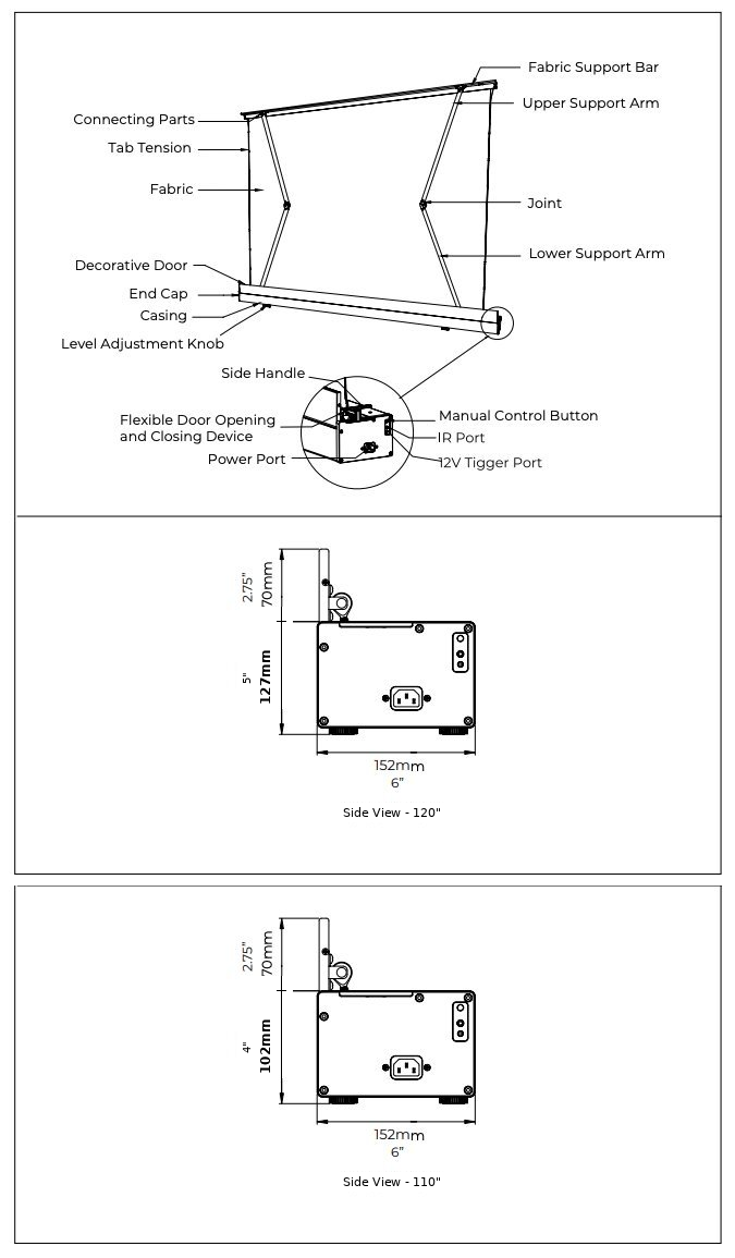 Short Throw Lift Screen Specifications Diagram