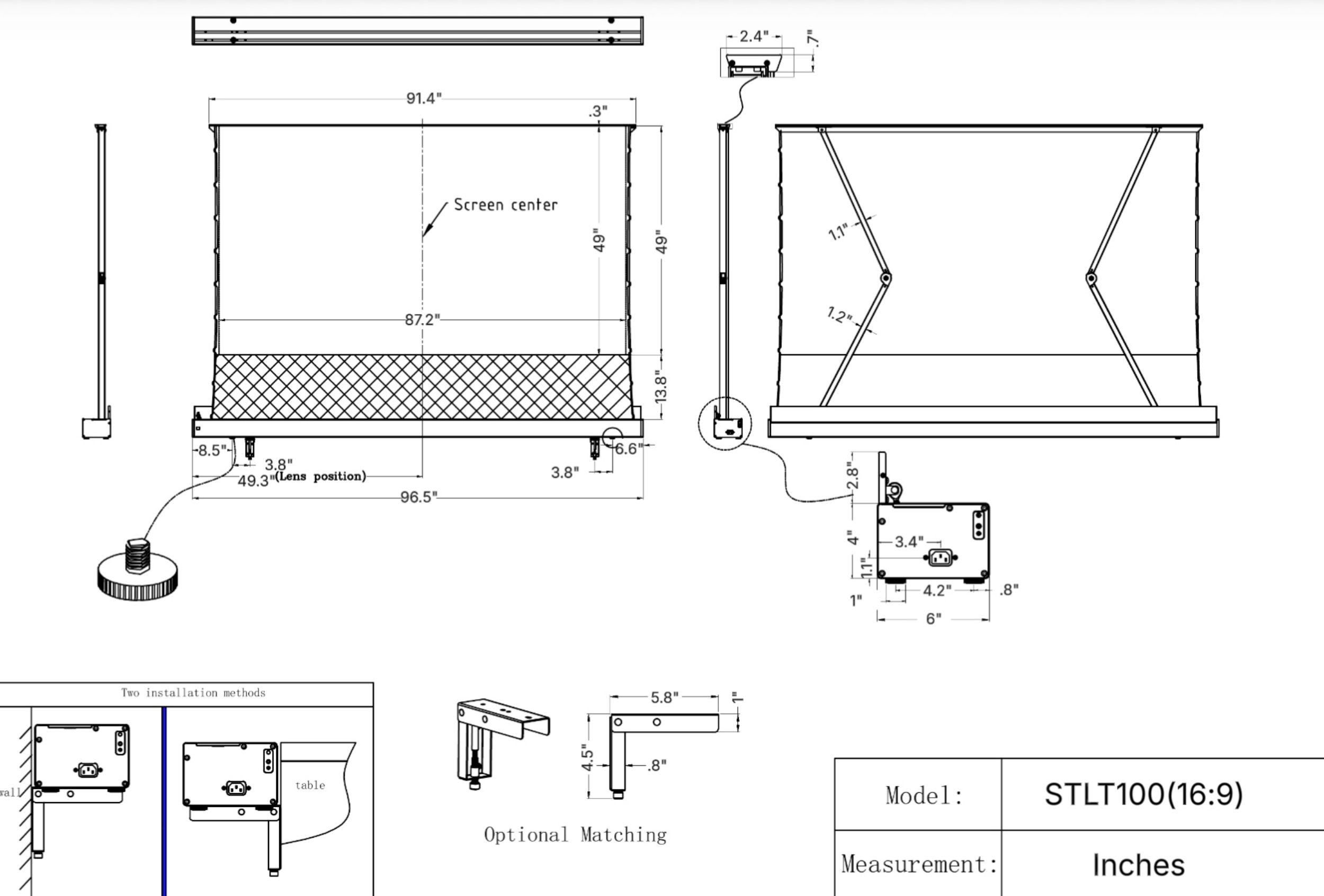 Short Throw Lift 100 inch Screen Specifications Diagram