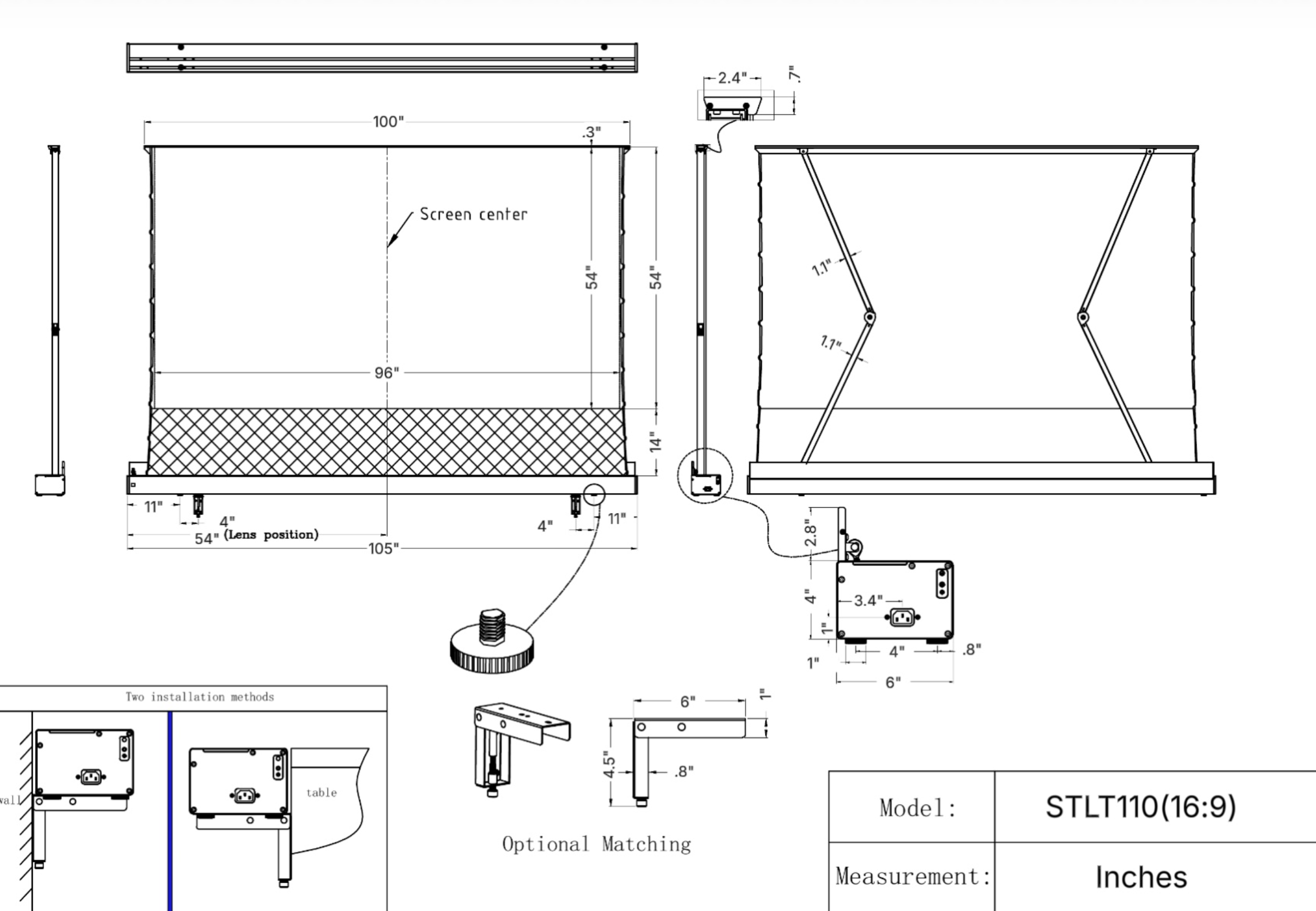 Short Throw Lift 110 inch Screen Specifications Diagram