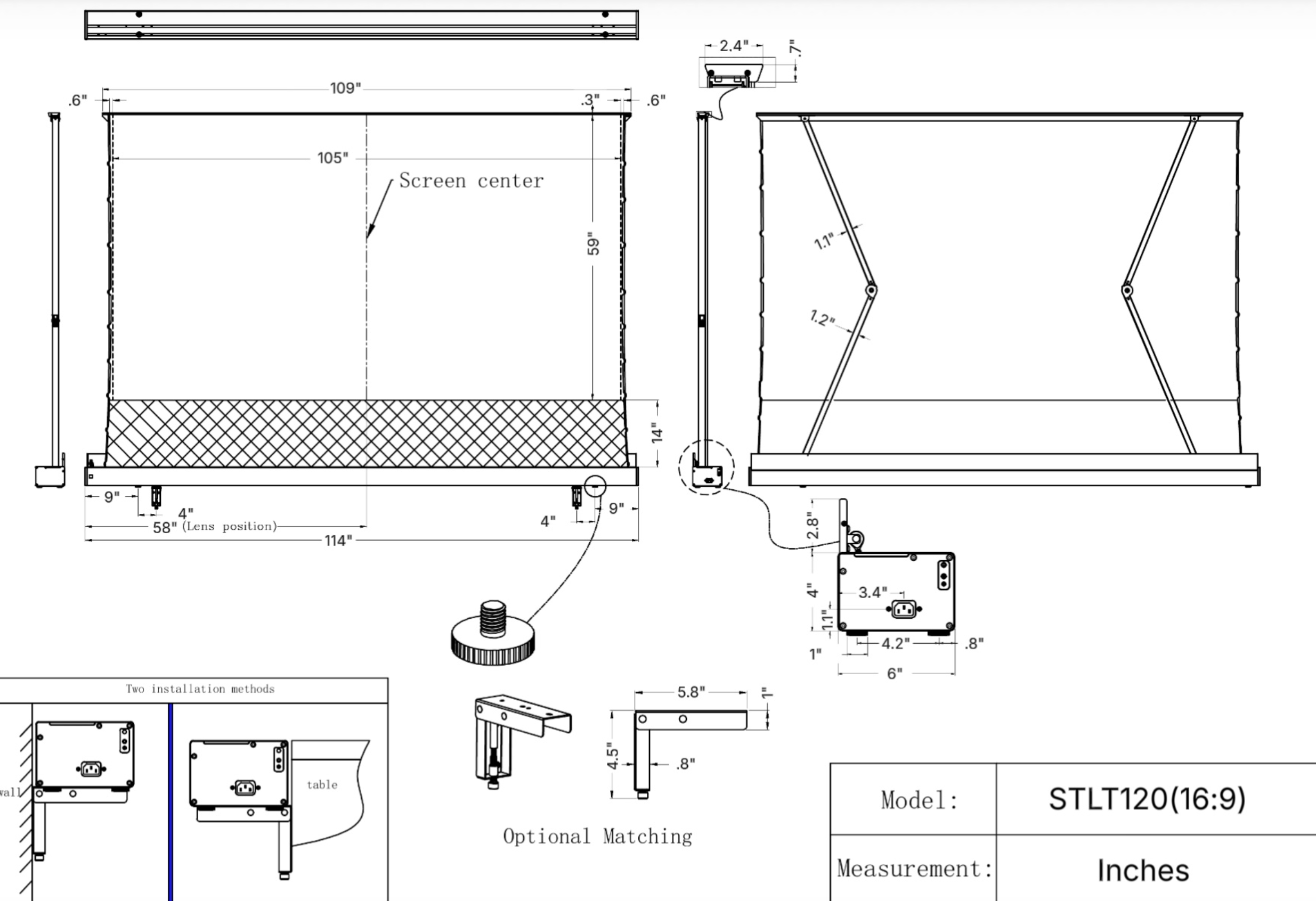 Short Throw Lift 120 inch Screen Specifications Diagram
